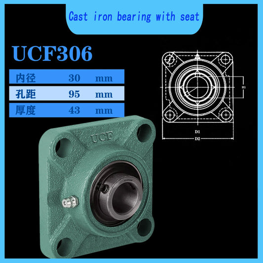 WZZG UCF306 Square Thickened Outer Spherical Bearing with Seat Housing 4 Bolt Mounted Bearing Bore Square Flange Pillow Block